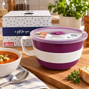 Decor Microsafe Large Microwave Soup Noodle Bowl 1.15L Purple White Vented Lid